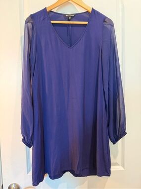 Express Navy Blue Shift Dress Sheer Long Sleeve V-Neck Size M